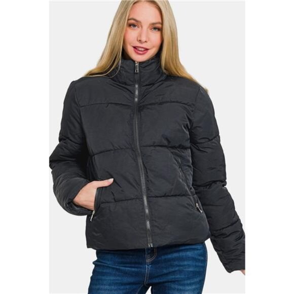 Zenana Zip Up Turtleneck Puffer Jacket with Pockets - Picture 3 of 3